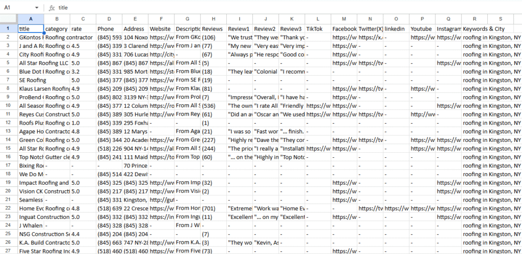 Excel spreadsheet showing exported business data from Google Maps including names, addresses, phone numbers, and ratings.