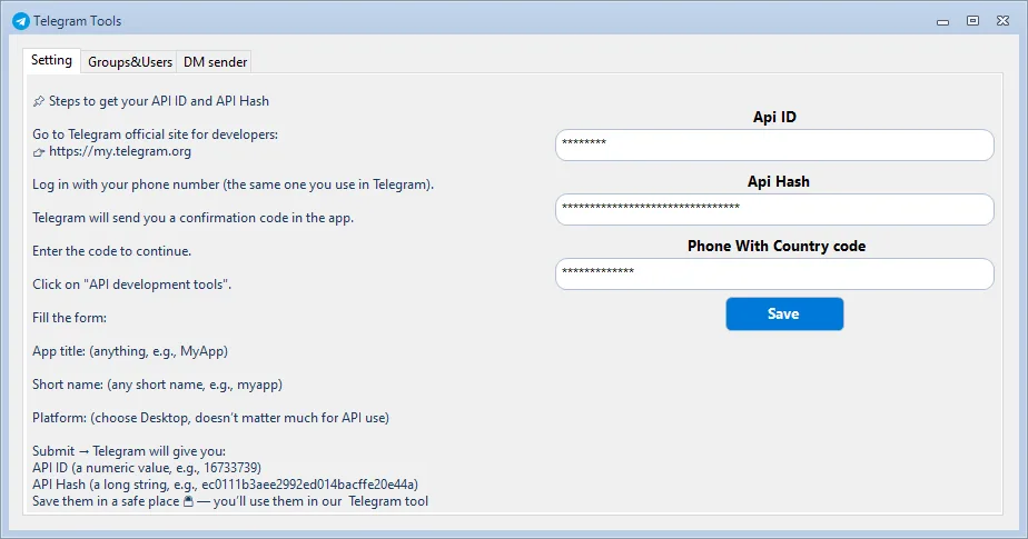 Telegram Automation tool setting page