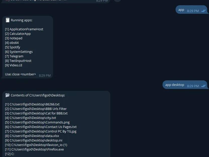 TG Remote PC app and app desktop feature showing application list for remote PC control via Telegram