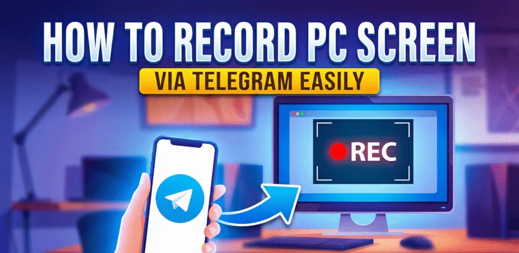 Article thumbnail illustration with the title 'HOW TO RECORD PC SCREEN VIA TELEGRAM EASILY'. It shows a hand holding a smartphone displaying the Telegram logo, with a blue arrow pointing to a desktop computer monitor that has a recording ('REC') interface visible.