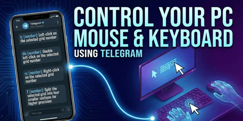 A smartphone with a Telegram chat screen showing commands like 'lc [number]' and 'rc [number]' connected by a glowing blue line to a desktop computer. On the PC, a glowing hand is using a mouse and keyboard, with a cursor moving on the monitor. The large text at the top reads "CONTROL YOUR PC MOUSE & KEYBOARD USING TELEGRAM