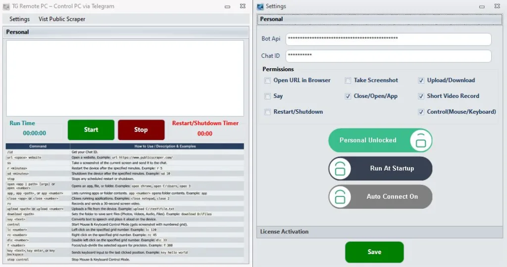 TG Remote PC software interface showing Telegram bot commands to control PC via Telegram