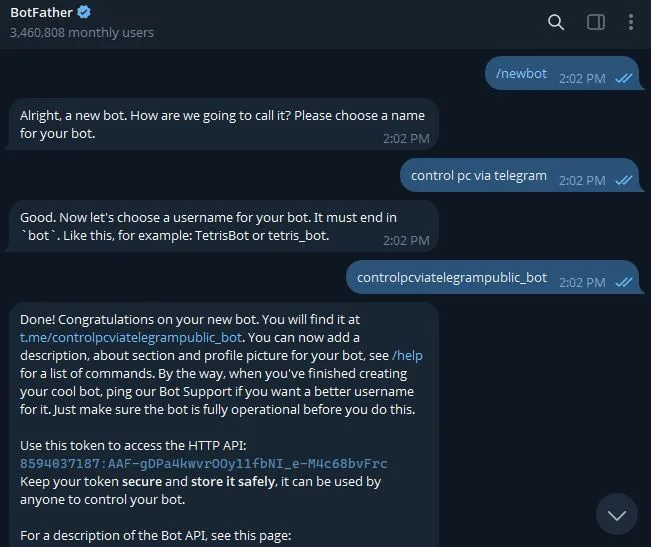 Create Telegram bot using BotFather to control PC via Telegram with TG Remote PC