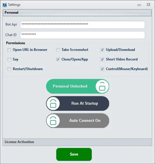 TG Remote PC settings panel showing Telegram bot token and permissions