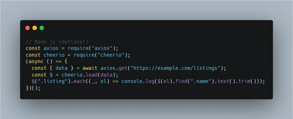 A syntax-highlighted JavaScript code snippet using axios and cheerio within an async function to fetch data from a URL and log specific element text (listings) to the console.