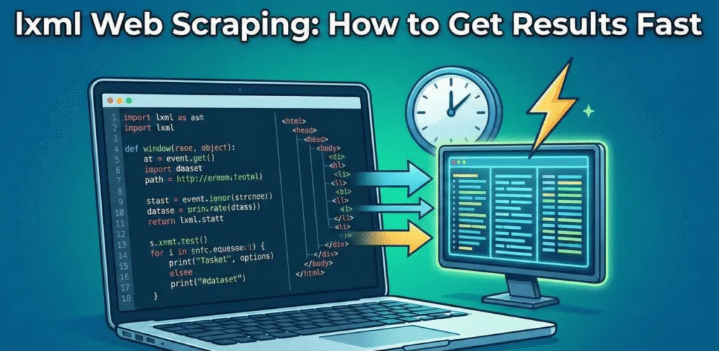 A laptop screen displaying Python lxml code next to a glowing database icon and a clock, symbolizing fast data extraction.