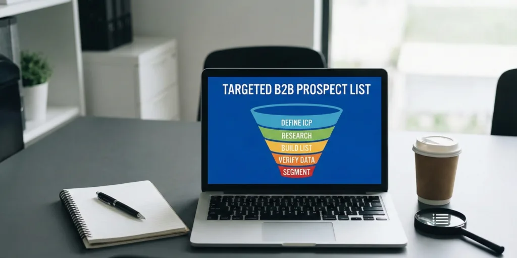 A laptop screen displays a funnel graphic titled "TARGETED B2B PROSPECT LIST" with five stages: "DEFINE ICP," "RESEARCH," "BUILD LIST," "VERIFY DATA," and "SEGMENT." A notebook, pen, and magnifying glass are on the desk beside it.