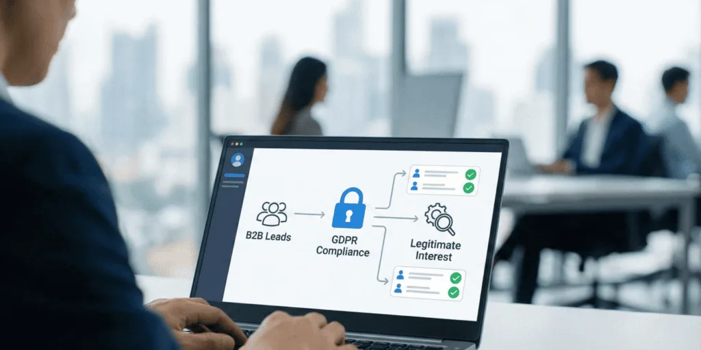 A person in a business suit uses a laptop in an office, with the screen displaying a diagram about GDPR compliance for B2B leads, including a padlock icon and text "Legitimate Interest".