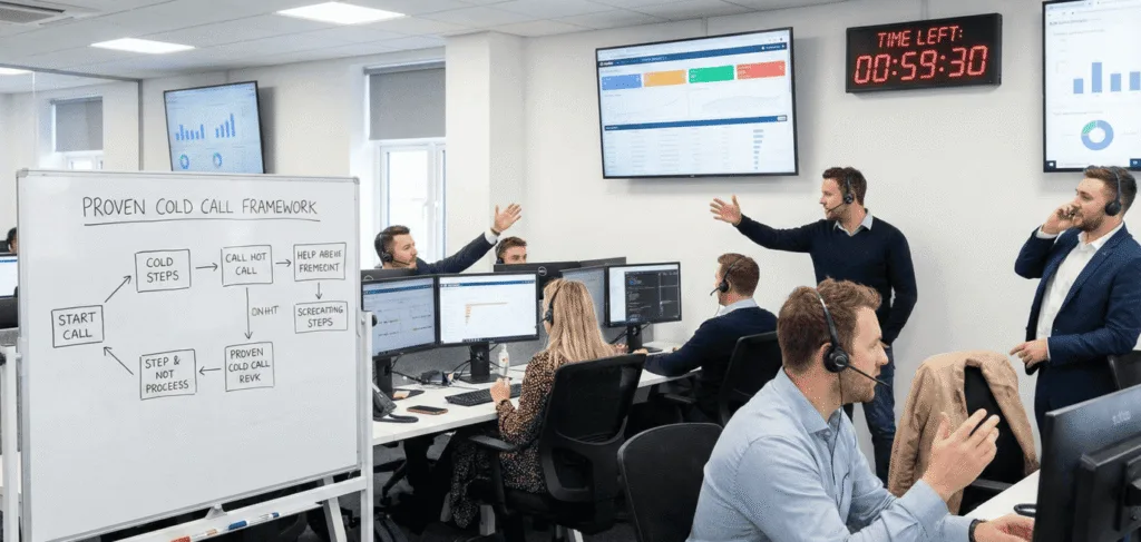 A busy B2B sales floor with a whiteboard displaying a "Proven Cold Call Framework" and a digital clock counting down, illustrating a sales team working under time pressure.