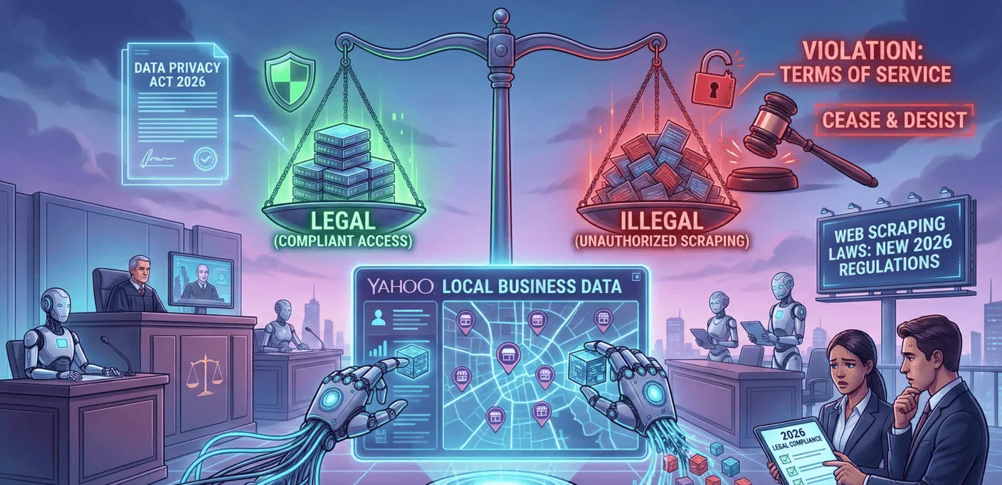 Futuristic infographic illustration showing a robot interacting with a digital "YAHOO LOCAL BUSINESS DATA" interface. A large scale balances a "LEGAL (COMPLIANT ACCESS)" side with a "DATA PRIVACY ACT 2026" document against an "ILLEGAL (UNAUTHORIZED SCRAPING)" side with a gavel and "VIOLATION" notice. People and robot lawyers are in a courtroom setting with a billboard about "WEB SCRAPING LAWS: NEW 2026 REGULATIONS."