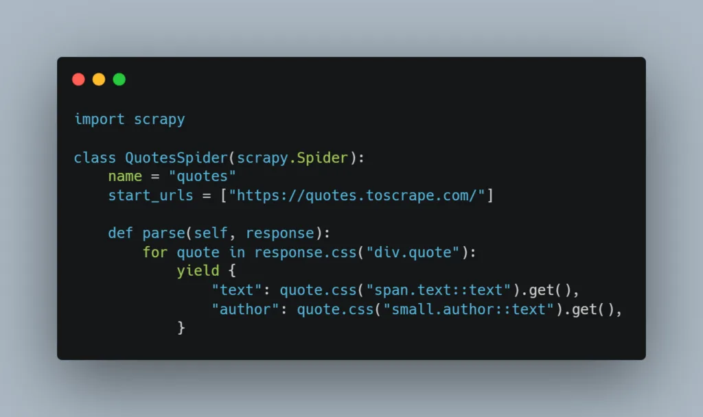 A dark-themed code snippet showing a Python Scrapy class named QuotesSpider. The code demonstrates how to scrape quote text and author names from quotes.toscrape.com using CSS selectors and the yield statement.