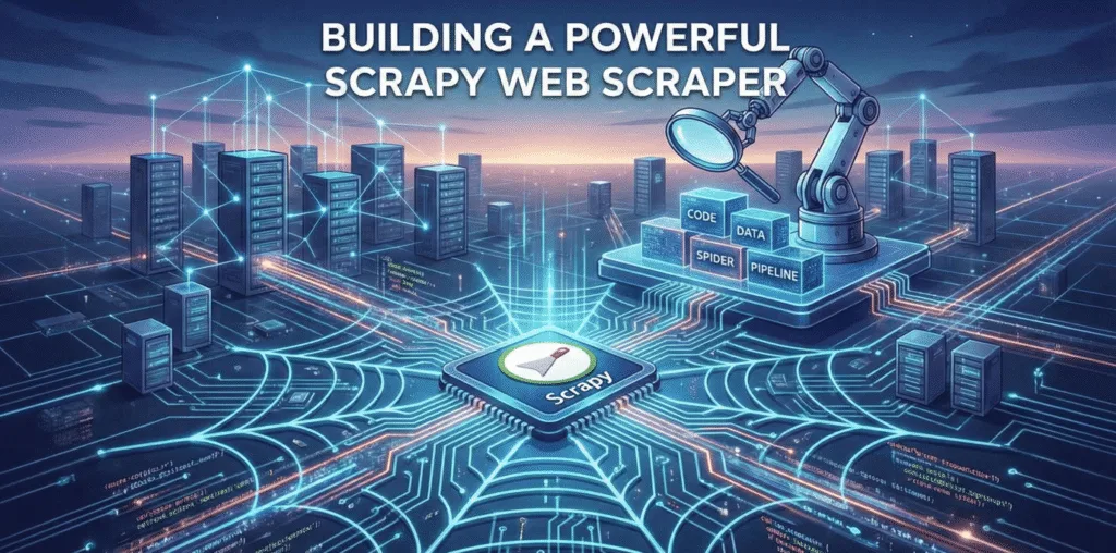 Conceptual illustration showing Python code, a stylized spider icon, and data flowing into a database, representing the process of building a powerful Scrapy web scraper.