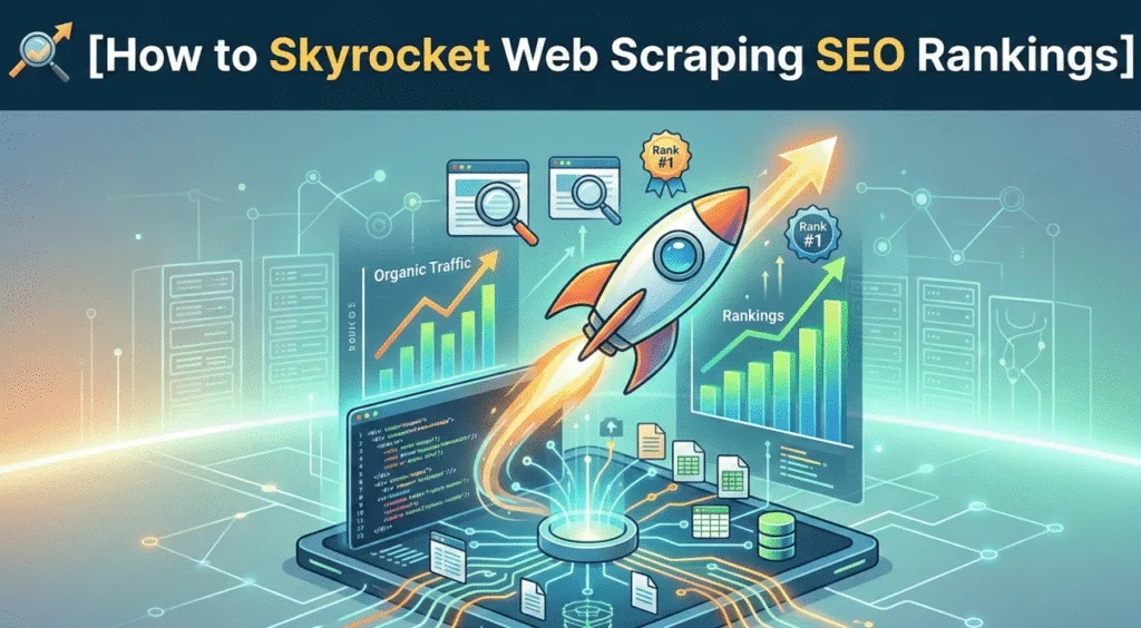 A digital illustration of a rocket launching upward from a laptop connected to glowing data nodes, surrounded by upward-trending SEO charts and search icons, with the article title "How to Skyrocket Web Scraping SEO Rankings" at the top.