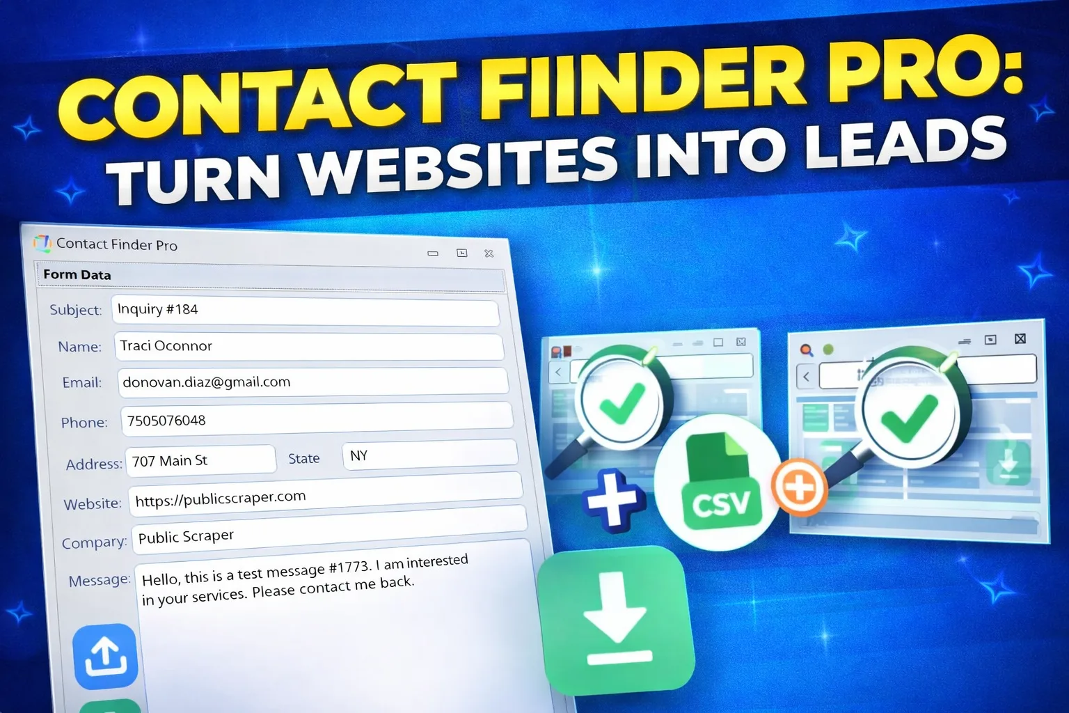 Landscape thumbnail showing Contact Finder Pro software interface with scraped contact details and headline text “Turn Websites into Leads” on a blue background.
