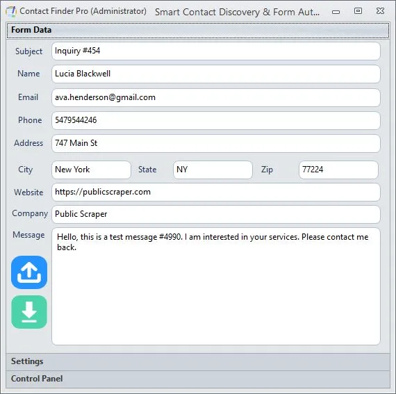 Contact Finder Pro form data screen showing scraped contact details such as name, email, phone, and address in organized input fields.