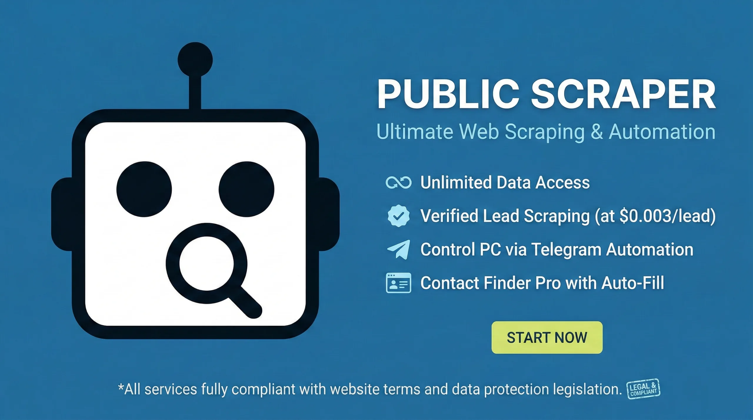 Public Scraper automation platform dashboard showing verified leads scraping, Telegram PC control, contact extraction, and smart data automation tools on white background.