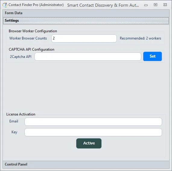 Contact Finder Pro settings page displaying worker configuration, CAPTCHA API setup, and license activation fields.