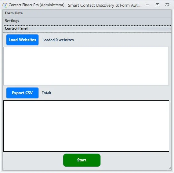 Contact Finder Pro control panel showing load websites button, export CSV option, and start button for scraping leads.